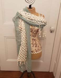 Sheer Fabric and Crocheted Wrap Sage & White 82"